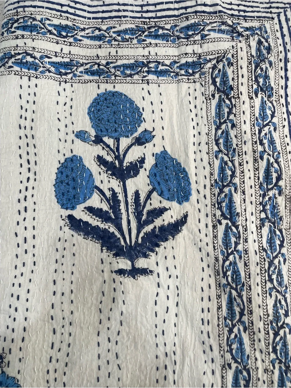 Kantha Blue/White Floral Quilt Top Queen Size 90 X 108 hand stitched